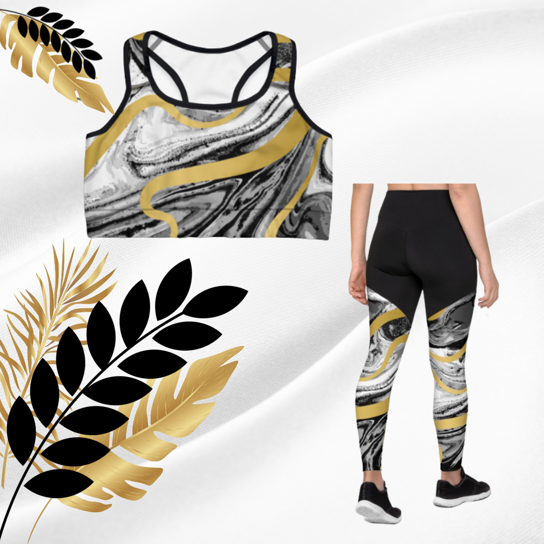 swoochie®️ Leggings & Sports Bra (White, Gold & Black)