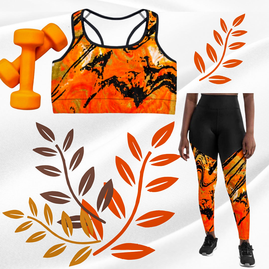 swoochie®️ Leggings & Sports Bra (Orange, Gold & Black)