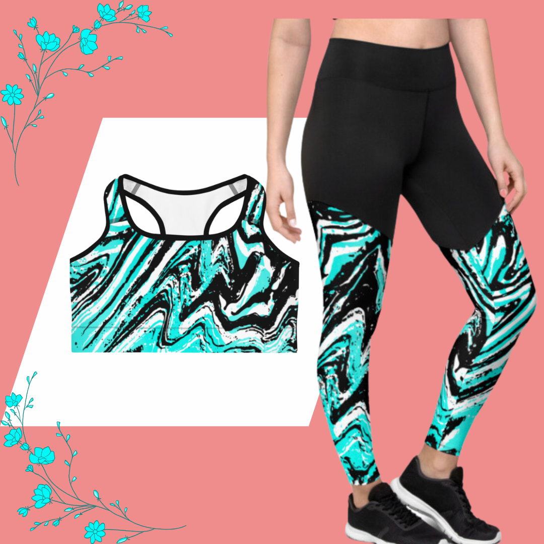 swoochie®️ Leggings & Sports Bra (Aqua, White & Black) – Kai